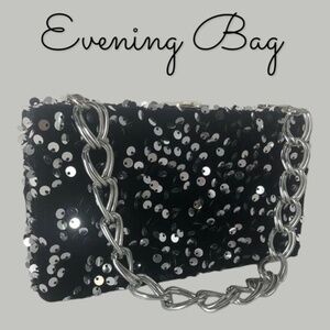 NWT Elegant Black Velvet & Shiny Sequin Hard Body Evening Bag-2 Chain Straps